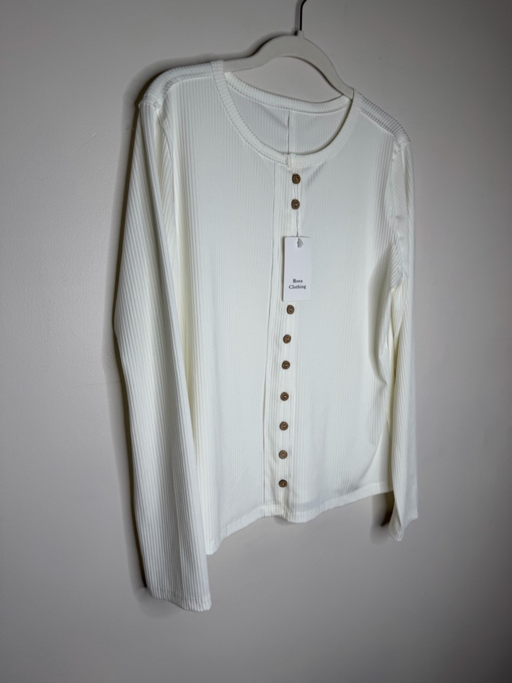 Women's Ivory Ribbed Button-Front Long Sleeve Top